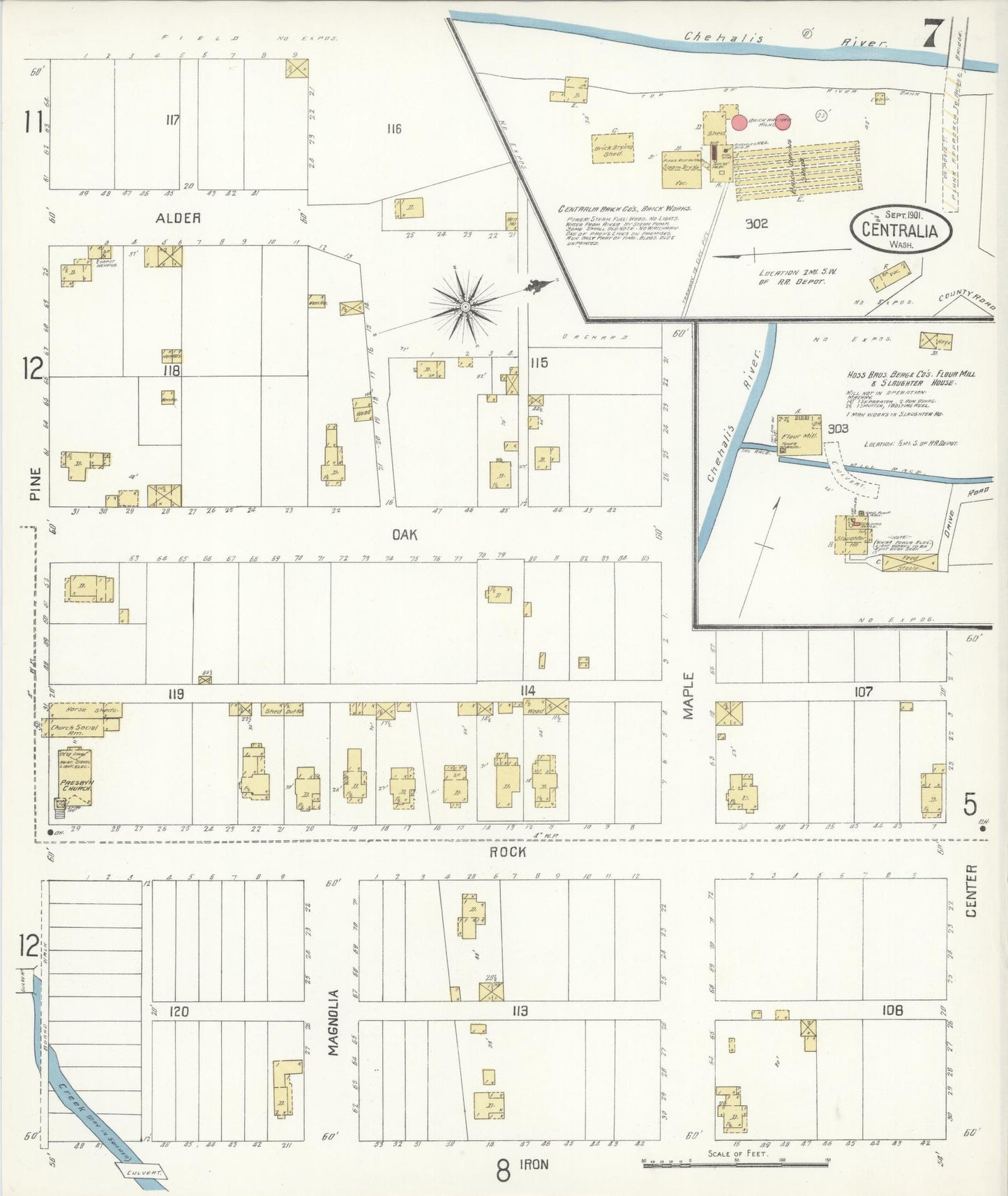 Sanborn Fire Insurance Map from Centralia, Lewis County, Washington (1901), Sheet #0007 - Complete Map Set gallery image, historic Sanborn map, vintage wall art, Washington Washington