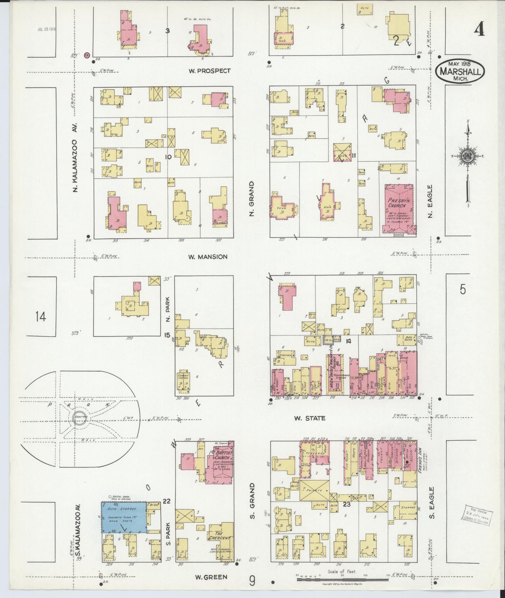Sanborn Fire Insurance Map from Marshall, Calhoun County, Michigan (1916), Sheet #0004 - Historic Sanborn Fire Insurance Map Print, vintage old map wall art, antique decor, genealogy gift, Michigan Michigan map