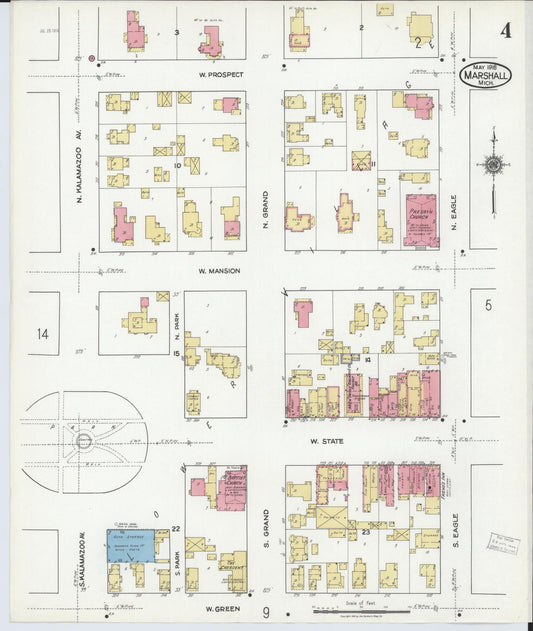 Sanborn Fire Insurance Map from Marshall, Calhoun County, Michigan (1916), Sheet #0004 - Historic Sanborn Fire Insurance Map Print, vintage old map wall art, antique decor, genealogy gift, Michigan Michigan map