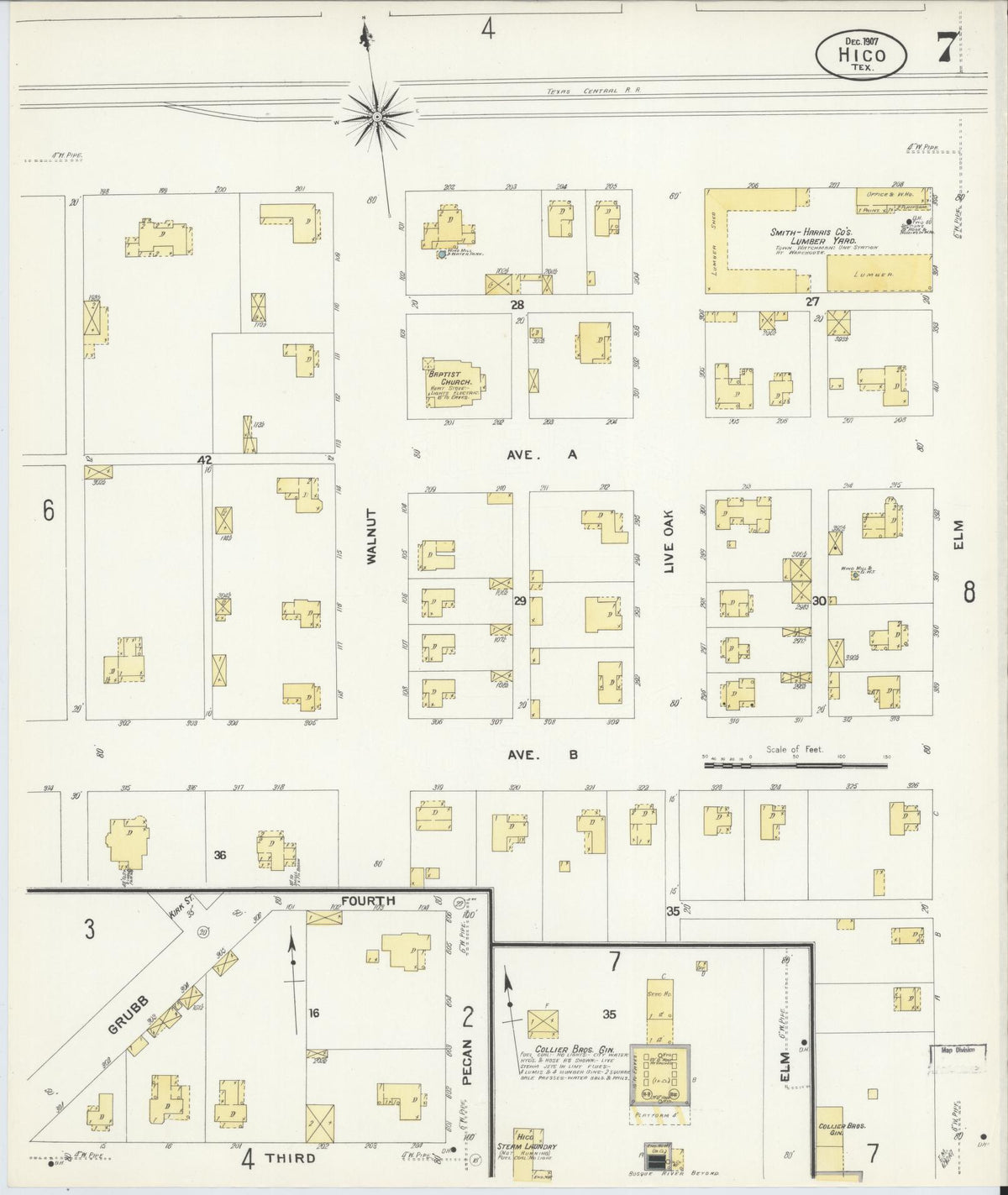 Sanborn Fire Insurance Map from Hico, Hamilton County, Texas (1907), Sheet #0007 - Historic Sanborn Fire Insurance Map Print, vintage old map wall art, antique decor, genealogy gift, Texas Texas map