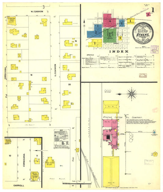 Sanborn Fire Insurance Map from Athens, Henderson County, Texas (1907), Sheet #0001 - Historic Sanborn Fire Insurance Map Print, vintage old map wall art, antique decor, genealogy gift, Texas Texas map