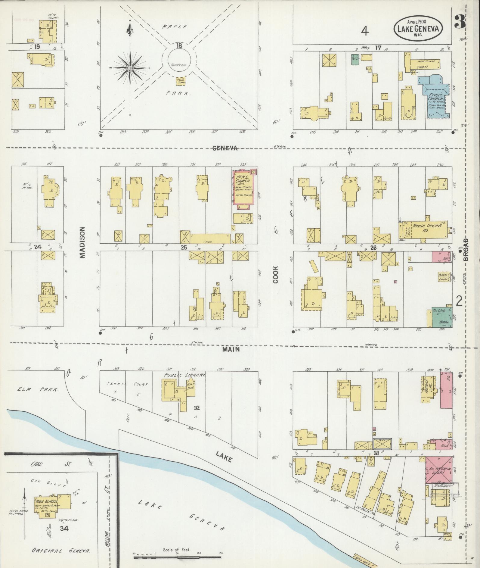 Sanborn Fire Insurance Map from Lake Geneva, Walworth County, Wisconsin (1900), Sheet #0003 - Historic Sanborn Fire Insurance Map Print, vintage old map wall art, antique decor, genealogy gift, Wisconsin Wisconsin map