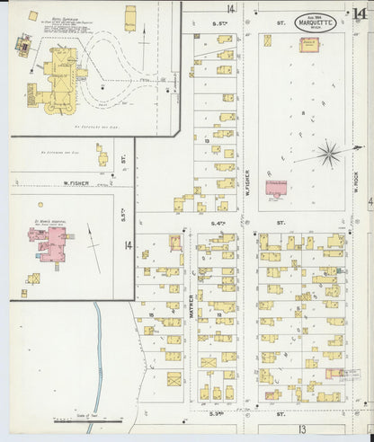 Sanborn Fire Insurance Map from Marquette, Marquette County, Michigan (1904), Sheet #0014 - Historic Sanborn Fire Insurance Map Print, vintage old map wall art, antique decor, genealogy gift, Michigan Michigan map
