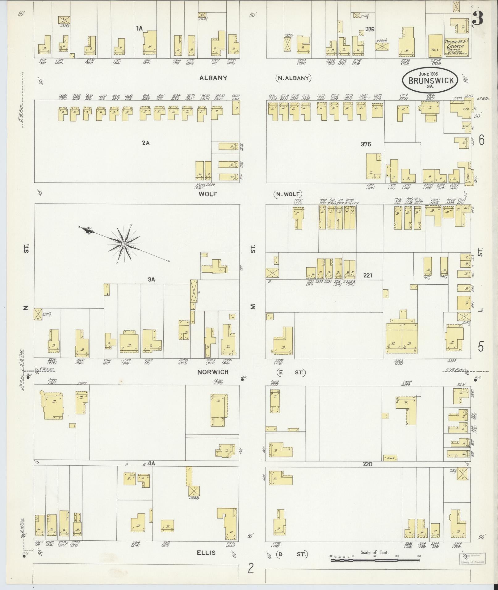 Sanborn Fire Insurance Map from Brunswick, Glynn County, Georgia (1908), Sheet #0003 - Complete Map Set gallery image, historic Sanborn map, vintage wall art, Georgia Georgia