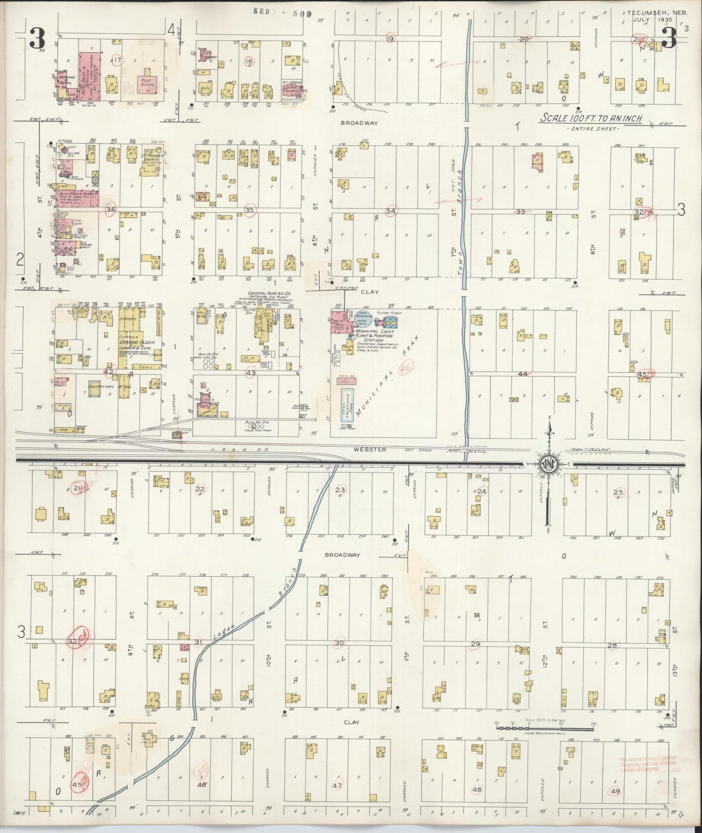 Sanborn Fire Insurance Map from Tecumseh, Johnson County, Nebraska (1943), Sheet #0003 - Historic Sanborn Fire Insurance Map Print, vintage old map wall art, antique decor, genealogy gift, Nebraska Nebraska map