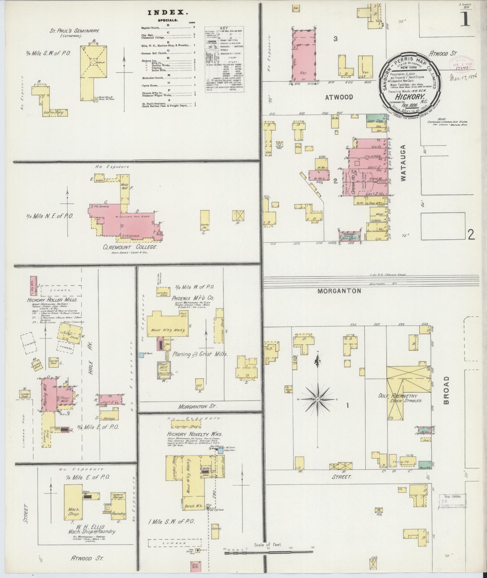 Sanborn Fire Insurance Map from Hickory, Catawba County, North Carolina (1896), Sheet #0001 - Historic Sanborn Fire Insurance Map Print, vintage old map wall art, antique decor, genealogy gift, North Carolina North Carolina map