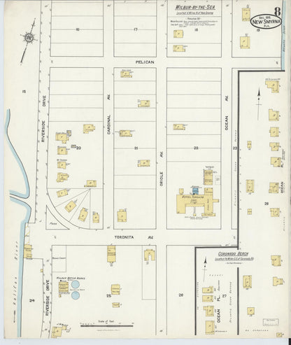 Sanborn Fire Insurance Map from New Smyrna, Valusia County, Florida (1916), Sheet #0008 - Complete Map Set gallery image, historic Sanborn map, vintage wall art, Florida Florida