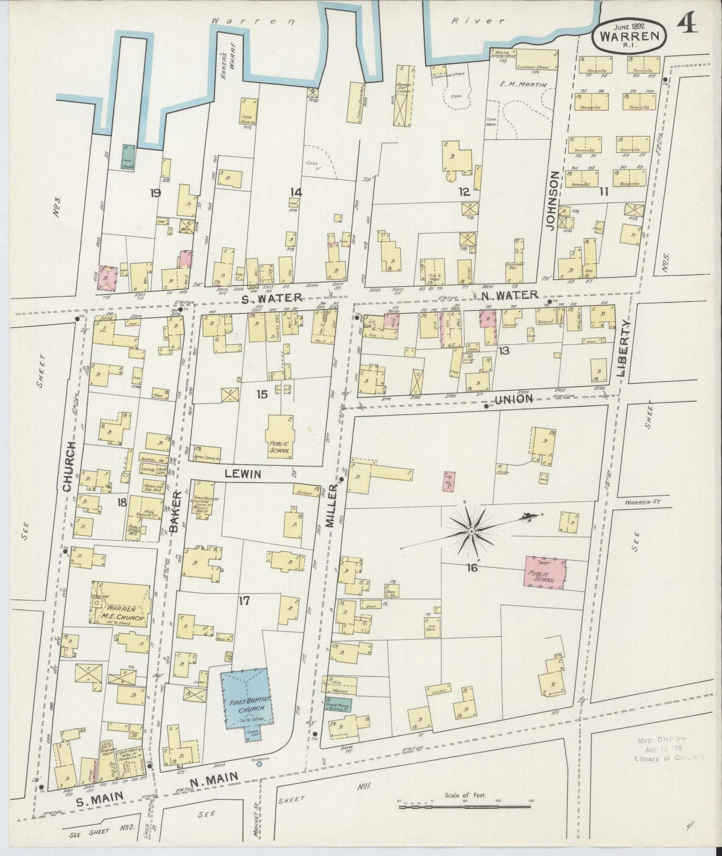 Sanborn Fire Insurance Map from Warren, Bristol County, Rhode Island (1892), Sheet #0004 - Complete Map Set gallery image, historic Sanborn map, vintage wall art, Rhode Island Rhode Island