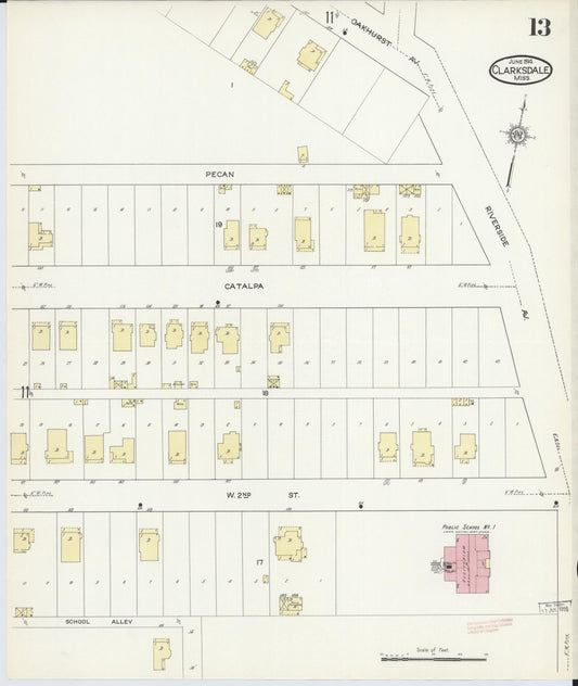 Sanborn Fire Insurance Map from Clarksdale, Coahoma County, Mississippi (1914), Sheet #0013 - Historic Sanborn Fire Insurance Map Print, vintage old map wall art, antique decor, genealogy gift, Mississippi Mississippi map