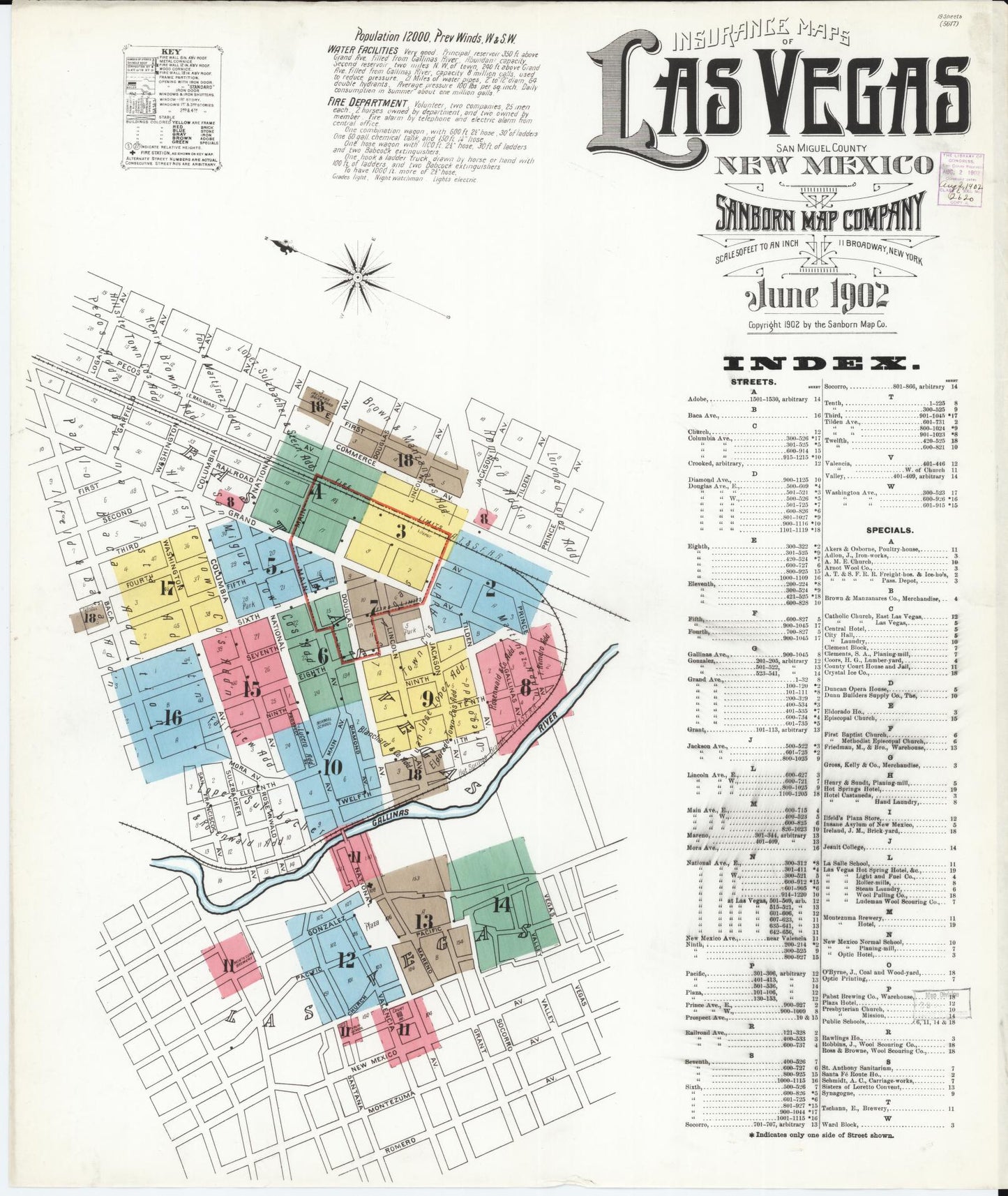 Sanborn Fire Insurance Map from Las Vegas, San Miguel County, New Mexico (1902), Sheet #0001 - Historic Sanborn Fire Insurance Map Print, vintage old map wall art, antique decor, genealogy gift, New Mexico New Mexico map