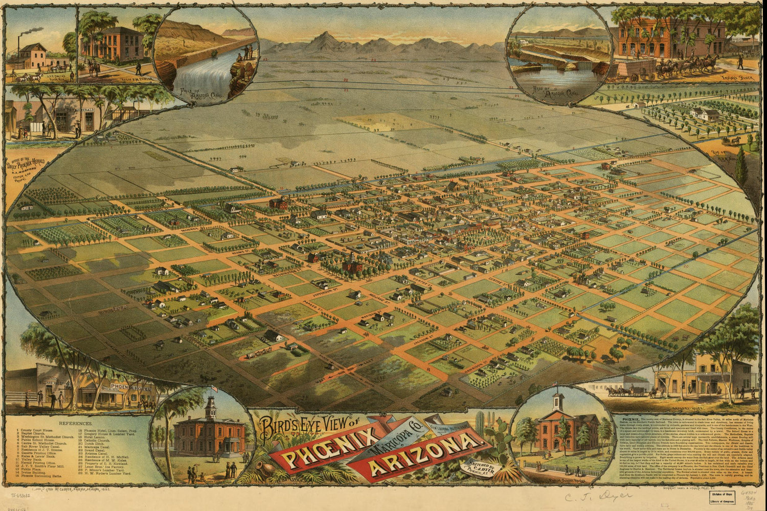 Bird's eye view of Phoenix, Maricopa Co., Arizona. (1885) – Historic Bird’s-Eye View Panorama Print