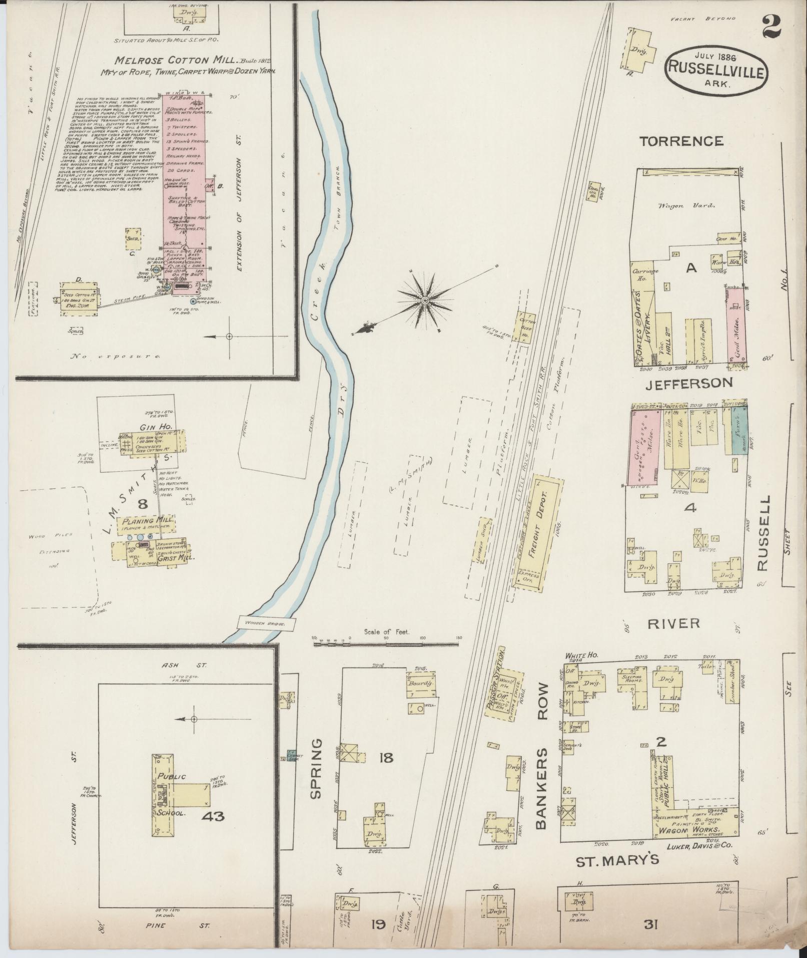 Sanborn Fire Insurance Map from Russellville, Pope County, Arkansas (1886), Sheet #0002 - Historic Sanborn Fire Insurance Map Print, vintage old map wall art, antique decor, genealogy gift, Arkansas Arkansas map