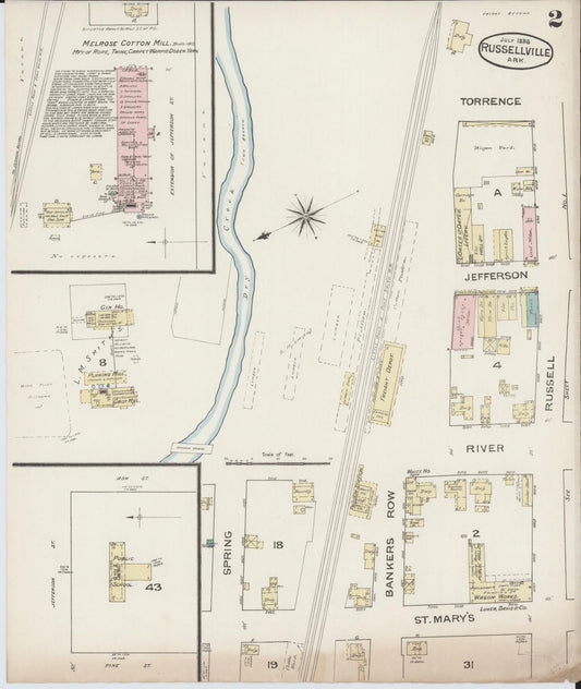Sanborn Fire Insurance Map from Russellville, Pope County, Arkansas (1886), Sheet #0002 - Historic Sanborn Fire Insurance Map Print, vintage old map wall art, antique decor, genealogy gift, Arkansas Arkansas map