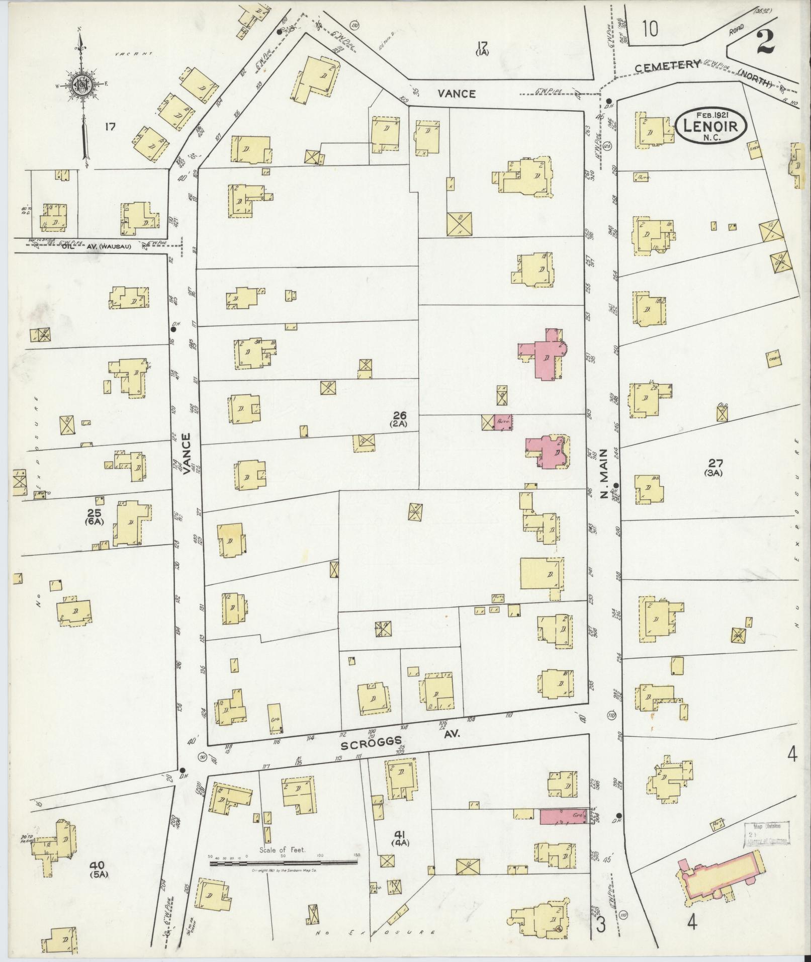 Sanborn Fire Insurance Map from Lenoir, Caldwell County, North Carolina (1921), Sheet #0002 - Complete Map Set gallery image, historic Sanborn map, vintage wall art, North Carolina North Carolina