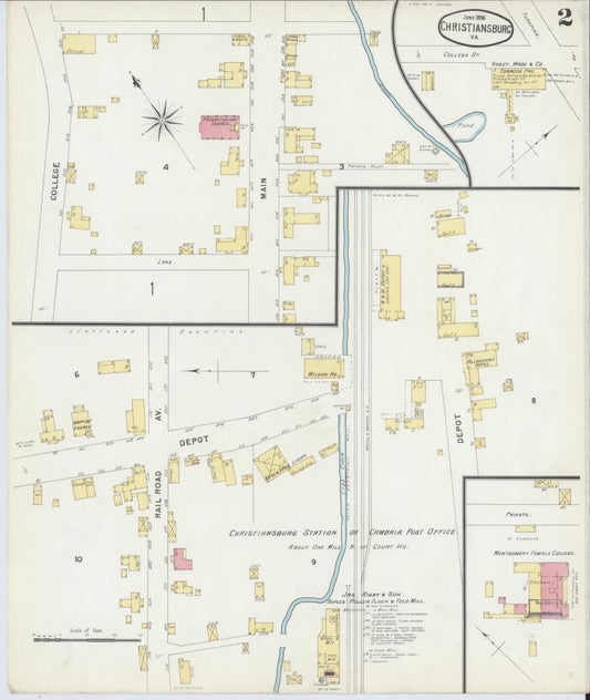 Sanborn Fire Insurance Map from Christiansburg, Montgomery County, Virginia (1896), Sheet #0002 - Historic Sanborn Fire Insurance Map Print, vintage old map wall art, antique decor, genealogy gift, Virginia Virginia map