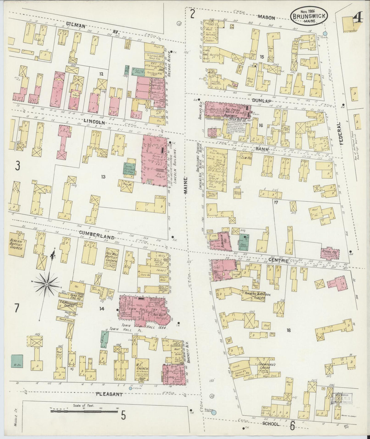 Sanborn Fire Insurance Map from Brunswick, Cumberland County, Maine (1906), Sheet #0004 - Historic Sanborn Fire Insurance Map Print, vintage old map wall art, antique decor, genealogy gift, Maine Maine map