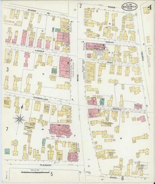 Sanborn Fire Insurance Map from Brunswick, Cumberland County, Maine (1906), Sheet #0004 - Historic Sanborn Fire Insurance Map Print, vintage old map wall art, antique decor, genealogy gift, Maine Maine map