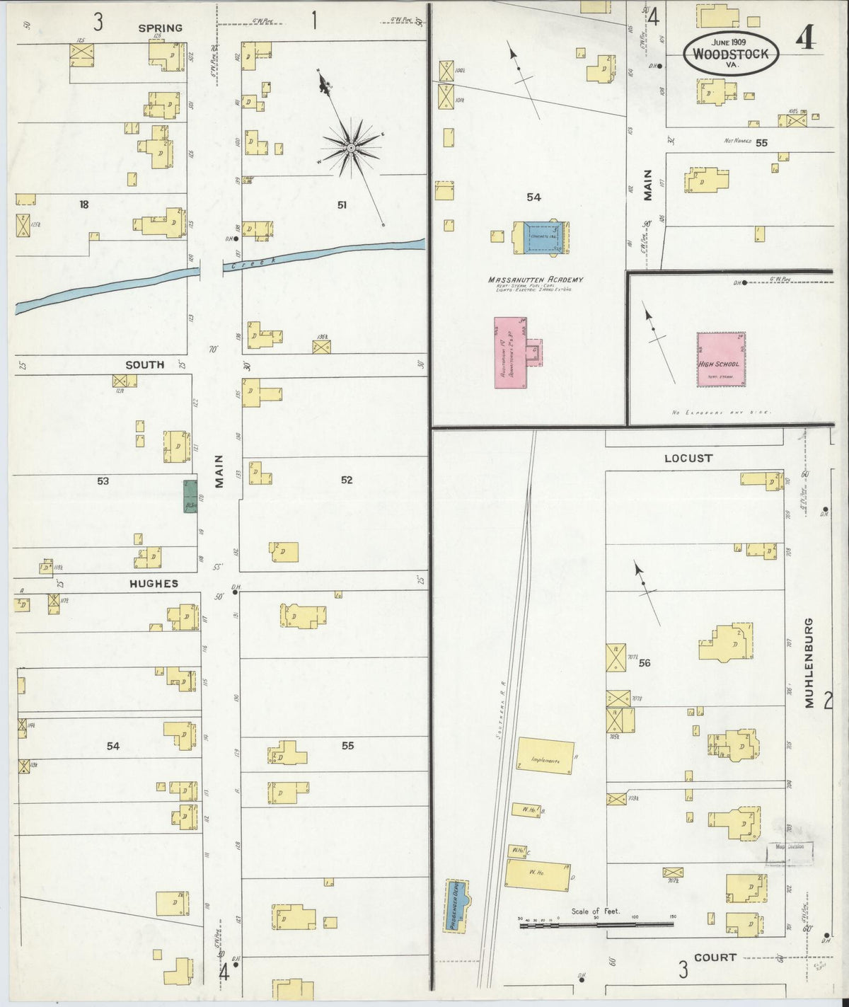 Sanborn Fire Insurance Map from Woodstock, Shenandoah County, Virginia (1909), Sheet #0004 - Historic Sanborn Fire Insurance Map Print, vintage old map wall art, antique decor, genealogy gift, Virginia Virginia map
