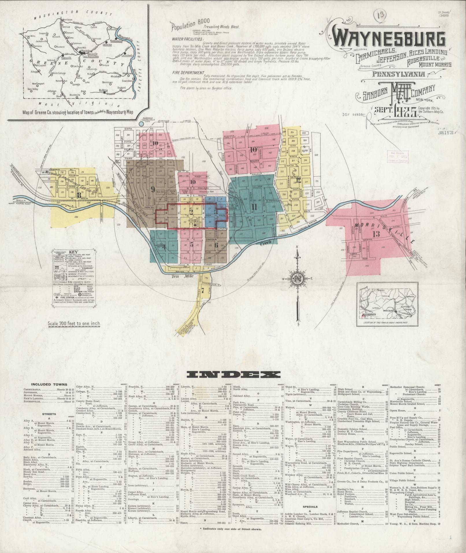 Sanborn Fire Insurance Map from Waynesburg, Greene County, Pennsylvania (1925), Sheet #0001 - Complete Map Set gallery image, historic Sanborn map, vintage wall art, Pennsylvania Pennsylvania