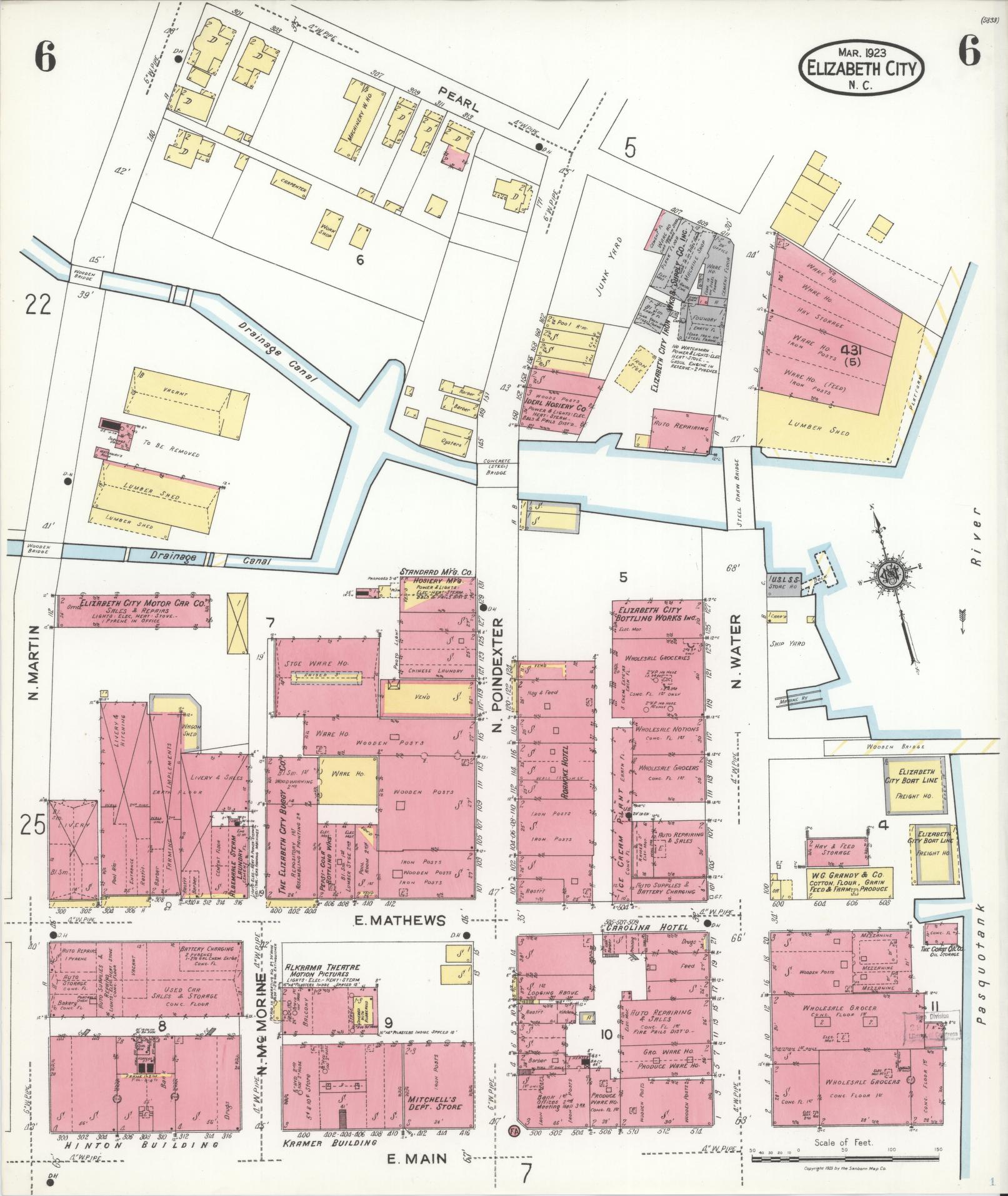 Sanborn Fire Insurance Map from Elizabeth City, Pasquotank County, North Carolina (1923), Sheet #0006 - Historic Sanborn Fire Insurance Map Print, vintage old map wall art, antique decor, genealogy gift, North Carolina North Carolina map