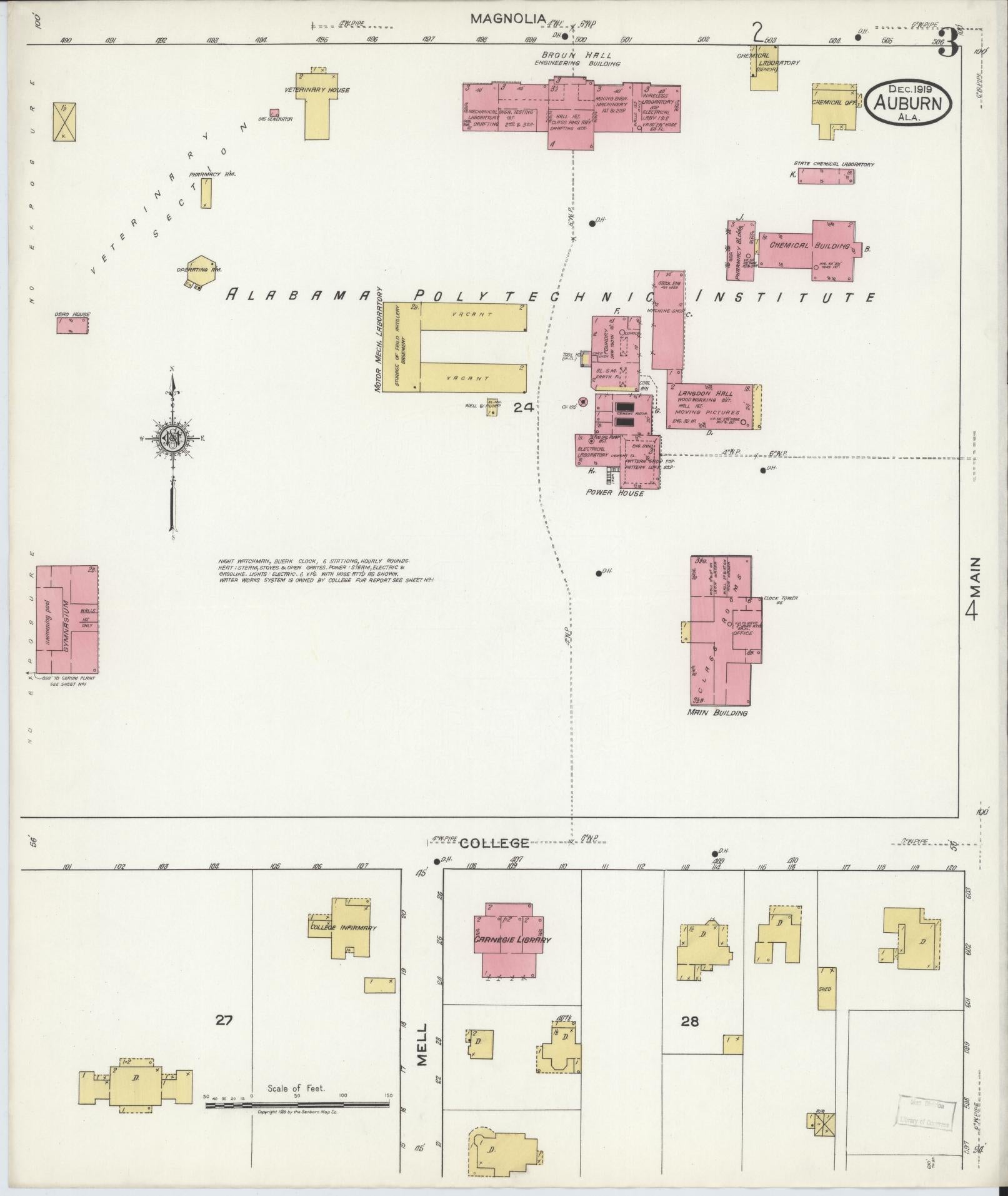 Sanborn Fire Insurance Map from Auburn, Lee County, Alabama (1919), Sheet #0003 - Historic Sanborn Fire Insurance Map Print, vintage old map wall art, antique decor, genealogy gift, Alabama Alabama map