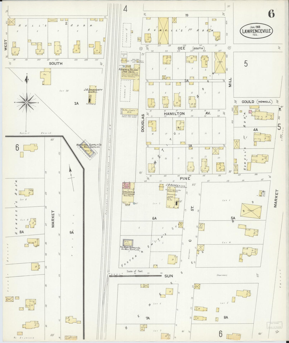 Sanborn Fire Insurance Map from Lawrenceville, Lawrence County, Illinois (1908), Sheet #0006 - Historic Sanborn Fire Insurance Map Print, vintage old map wall art, antique decor, genealogy gift, Illinois Illinois map
