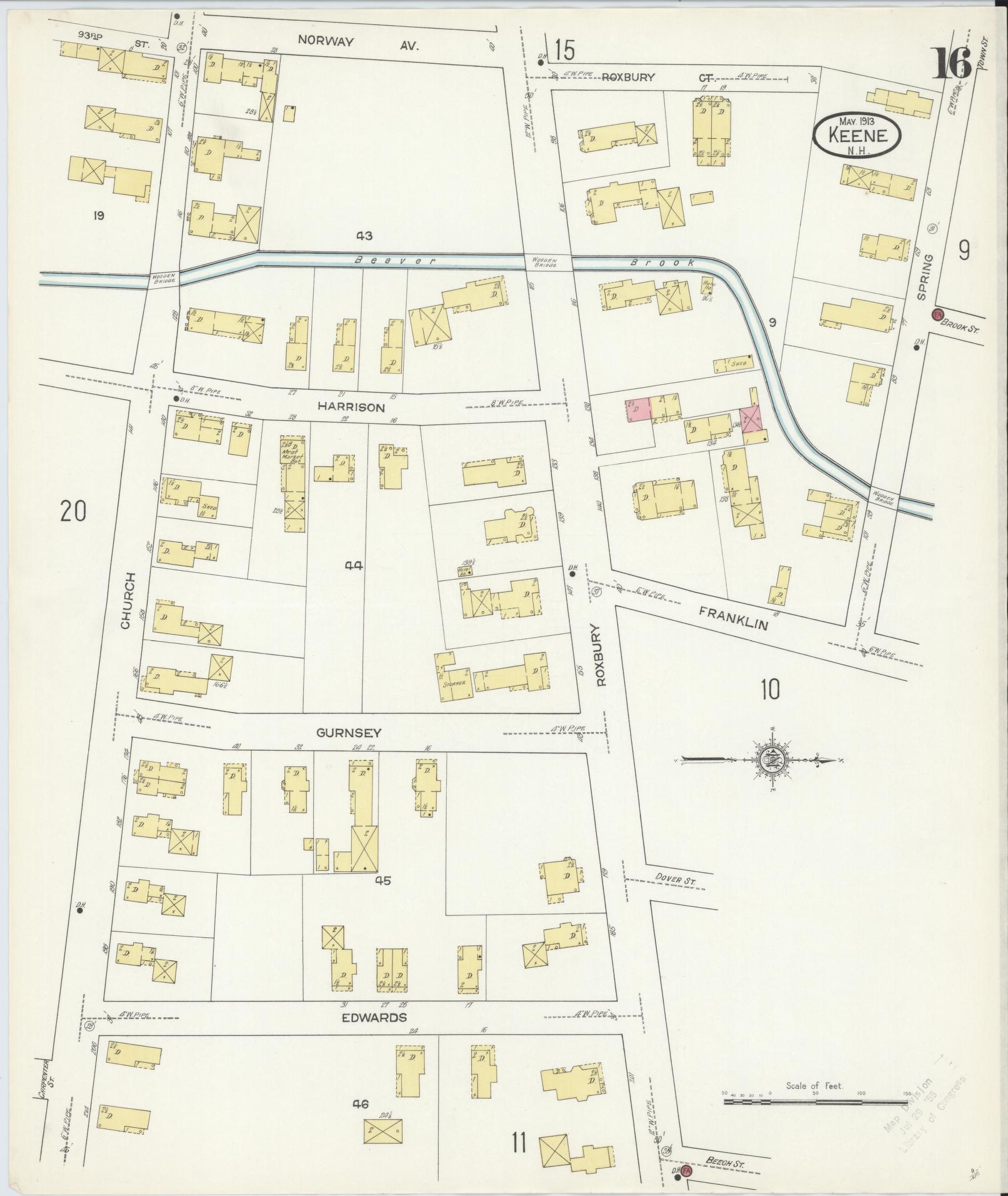 Sanborn Fire Insurance Map from Keene, Cheshire County, New Hampshire (1913), Sheet #0016 - Historic Sanborn Fire Insurance Map Print, vintage old map wall art, antique decor, genealogy gift, New Hampshire New Hampshire map