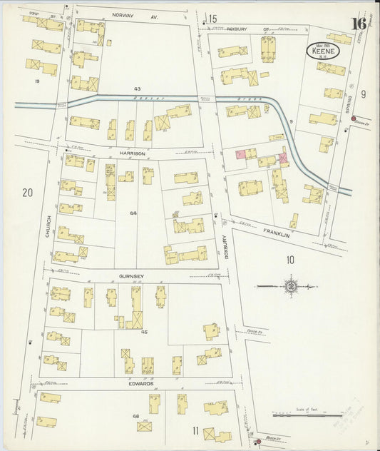 Sanborn Fire Insurance Map from Keene, Cheshire County, New Hampshire (1913), Sheet #0016 - Historic Sanborn Fire Insurance Map Print, vintage old map wall art, antique decor, genealogy gift, New Hampshire New Hampshire map