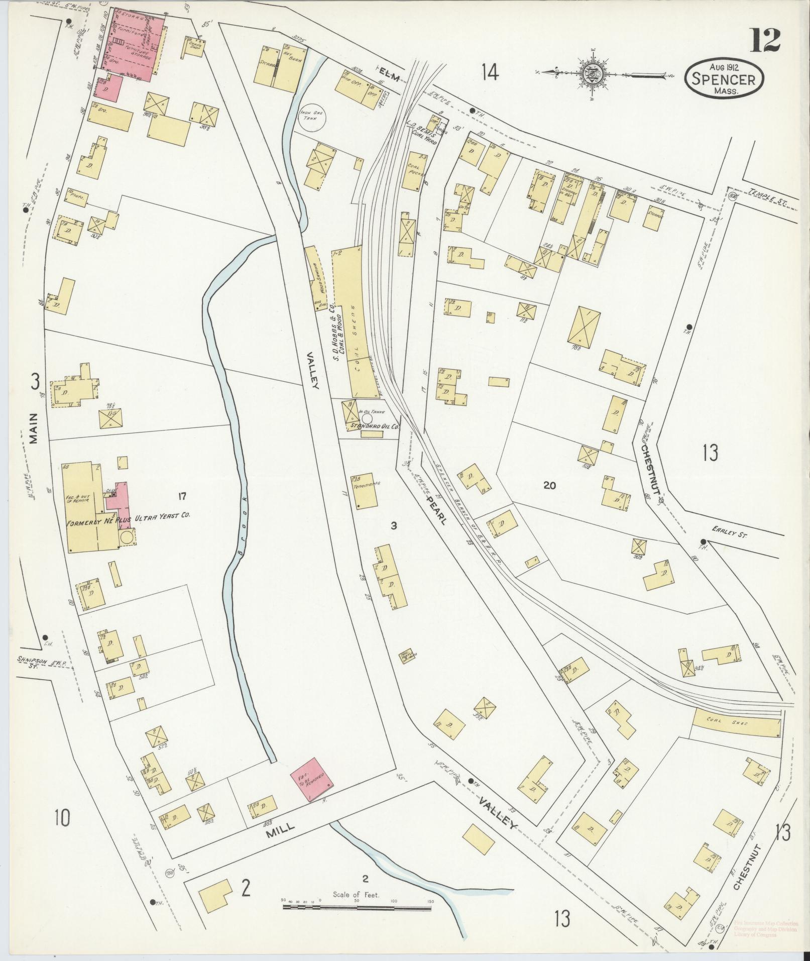 Sanborn Fire Insurance Map from Spencer, Worcester County, Massachusetts (1912), Sheet #0012 - Historic Sanborn Fire Insurance Map Print, vintage old map wall art, antique decor, genealogy gift, Massachusetts Massachusetts map