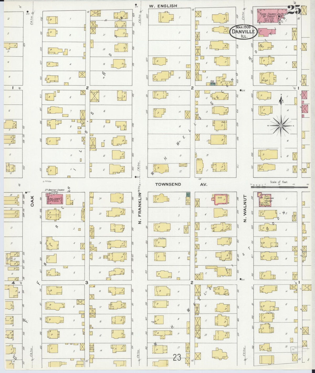 Sanborn Fire Insurance Map from Danville, Vermilion County, Illinois (1909), Sheet #0025 - Historic Sanborn Fire Insurance Map Print, vintage old map wall art, antique decor, genealogy gift, Illinois Illinois map