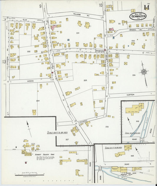 Sanborn Fire Insurance Map from Bennington, Bennington County, Vermont (1921), Sheet #0014 - Historic Sanborn Fire Insurance Map Print, vintage old map wall art, antique decor, genealogy gift, Vermont Vermont map
