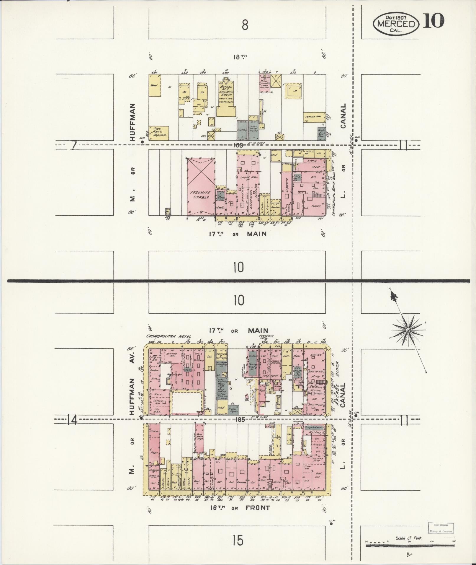 Sanborn Fire Insurance Map from Merced, Merced County, California (1907), Sheet #0010 - Complete Map Set gallery image, historic Sanborn map, vintage wall art, California California
