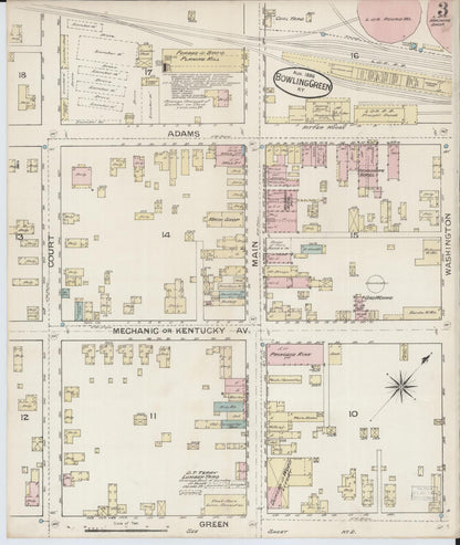 Sanborn Fire Insurance Map from Bowling Green, Warren County, Kentucky (1886), Sheet #0003 - Complete Map Set gallery image, historic Sanborn map, vintage wall art, Kentucky Kentucky