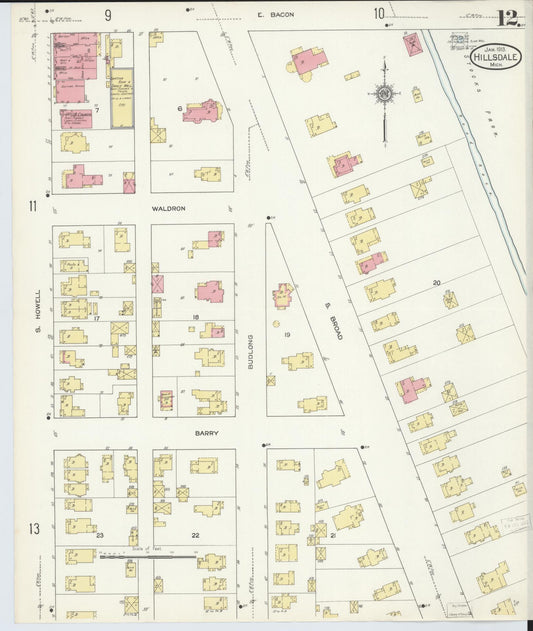 Sanborn Fire Insurance Map from Hillsdale, Hillsdale County, Michigan (1913), Sheet #0012 - Historic Sanborn Fire Insurance Map Print, vintage old map wall art, antique decor, genealogy gift, Michigan Michigan map
