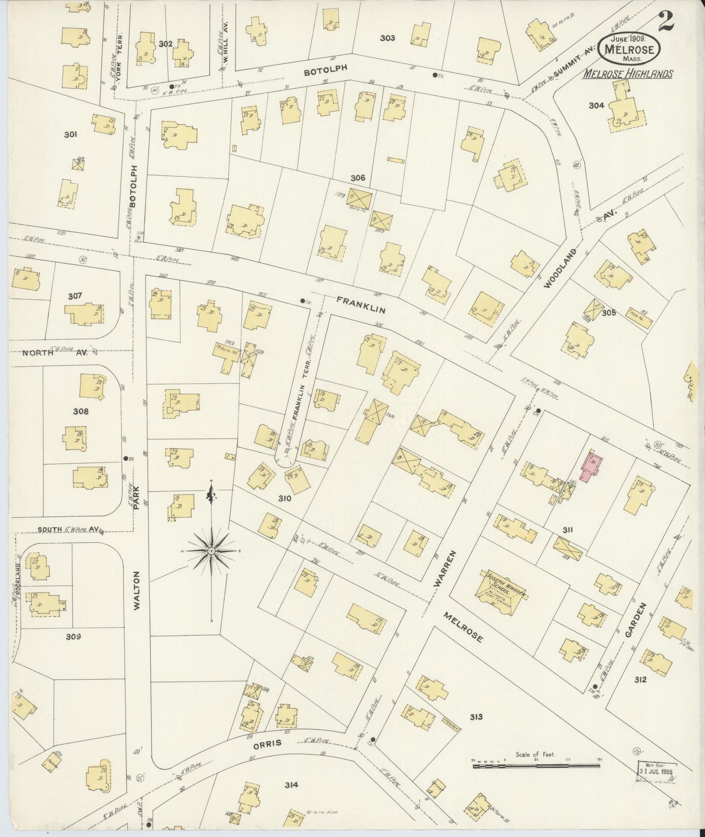 Sanborn Fire Insurance Map from Melrose, Middlesex County, Massachusetts (1909), Sheet #0002 - Complete Map Set gallery image, historic Sanborn map, vintage wall art, Massachusetts Massachusetts
