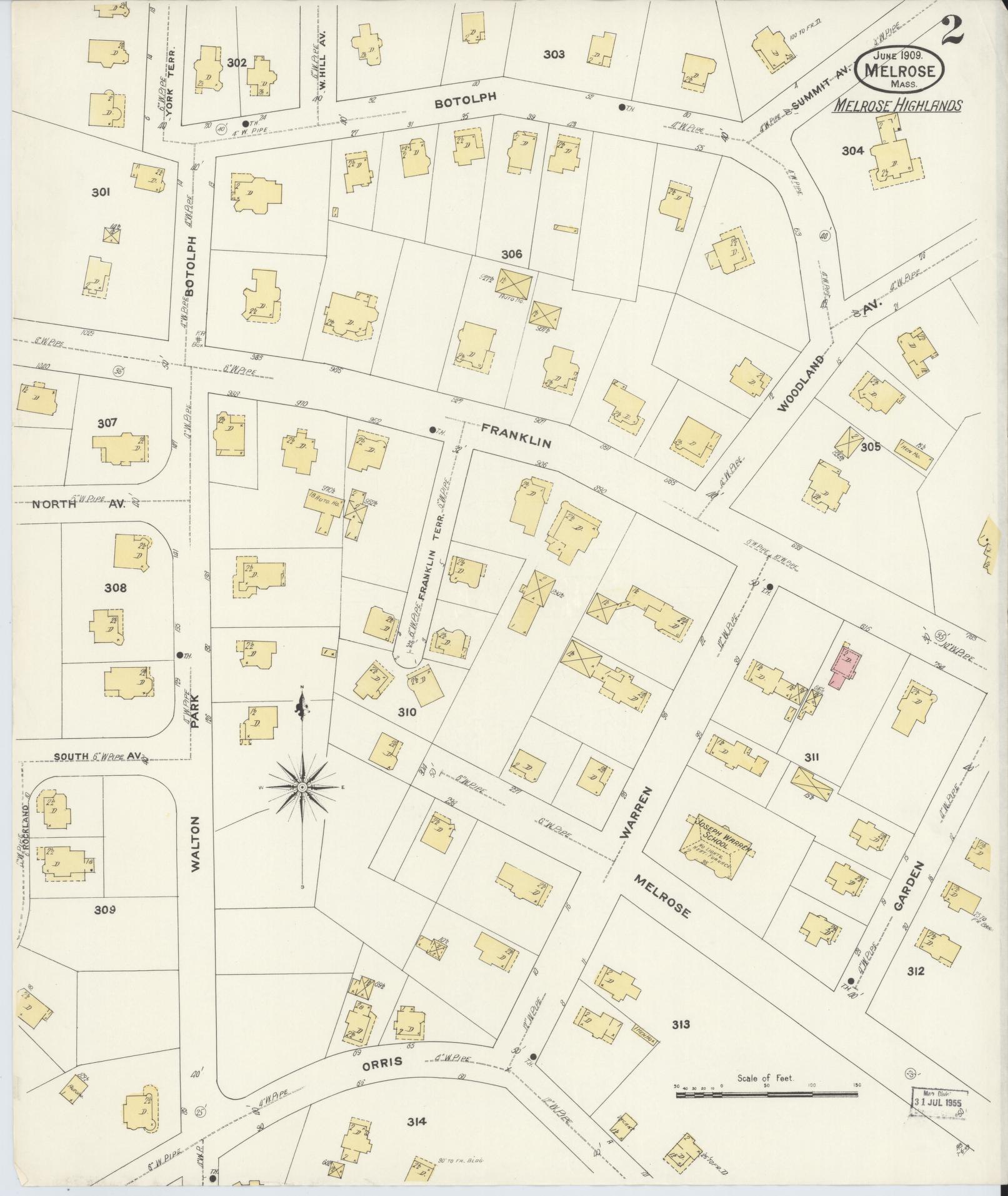Sanborn Fire Insurance Map from Melrose, Middlesex County, Massachusetts (1909), Sheet #0002 - Complete Map Set gallery image, historic Sanborn map, vintage wall art, Massachusetts Massachusetts