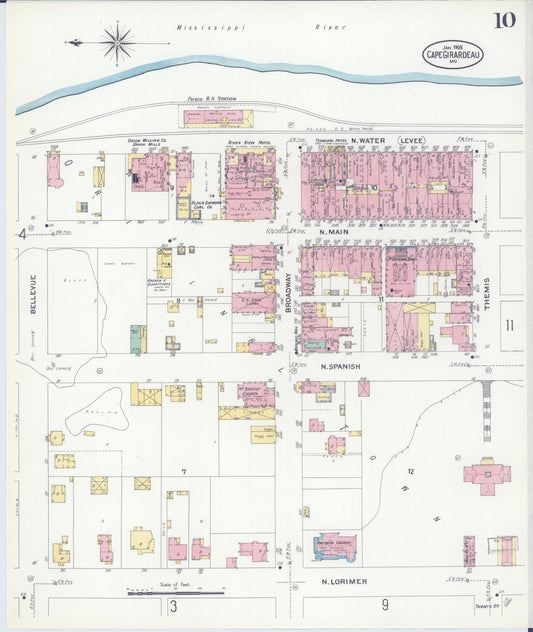 Sanborn Fire Insurance Map from Cape Girardeau, Cape Girardeau County, Missouri (1908), Sheet #0010 - Historic Sanborn Fire Insurance Map Print, vintage old map wall art, antique decor, genealogy gift, Missouri Missouri map