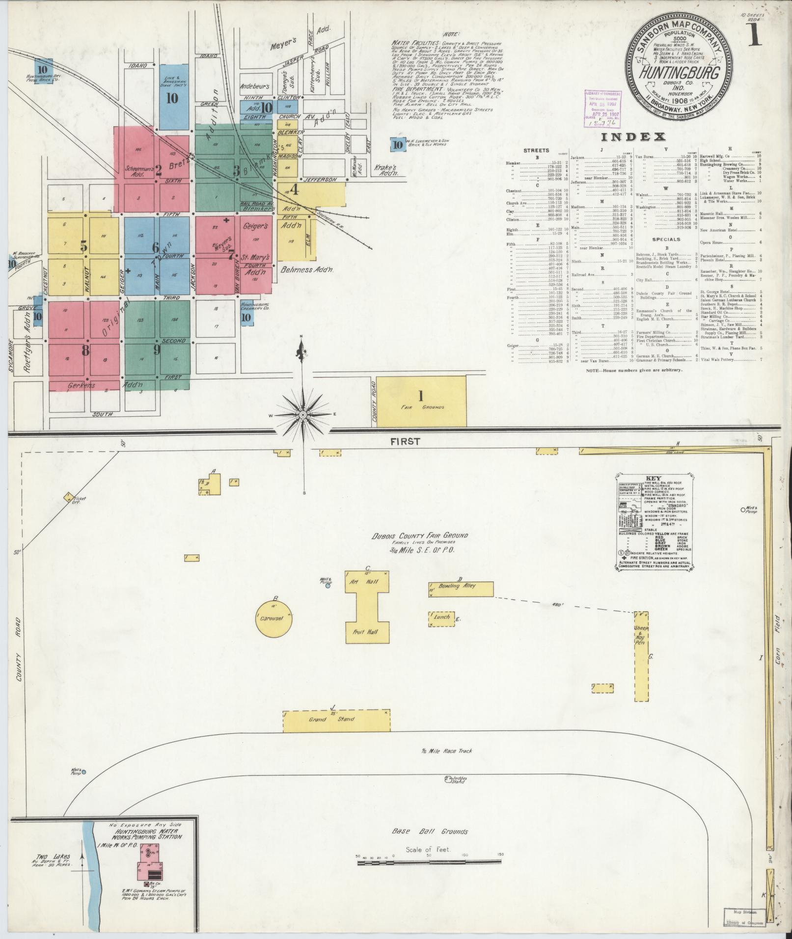 Sanborn Fire Insurance Map from Huntingburg, Dubois County, Indiana (1906), Sheet #0001 - Complete Map Set gallery image, historic Sanborn map, vintage wall art, Indiana Indiana