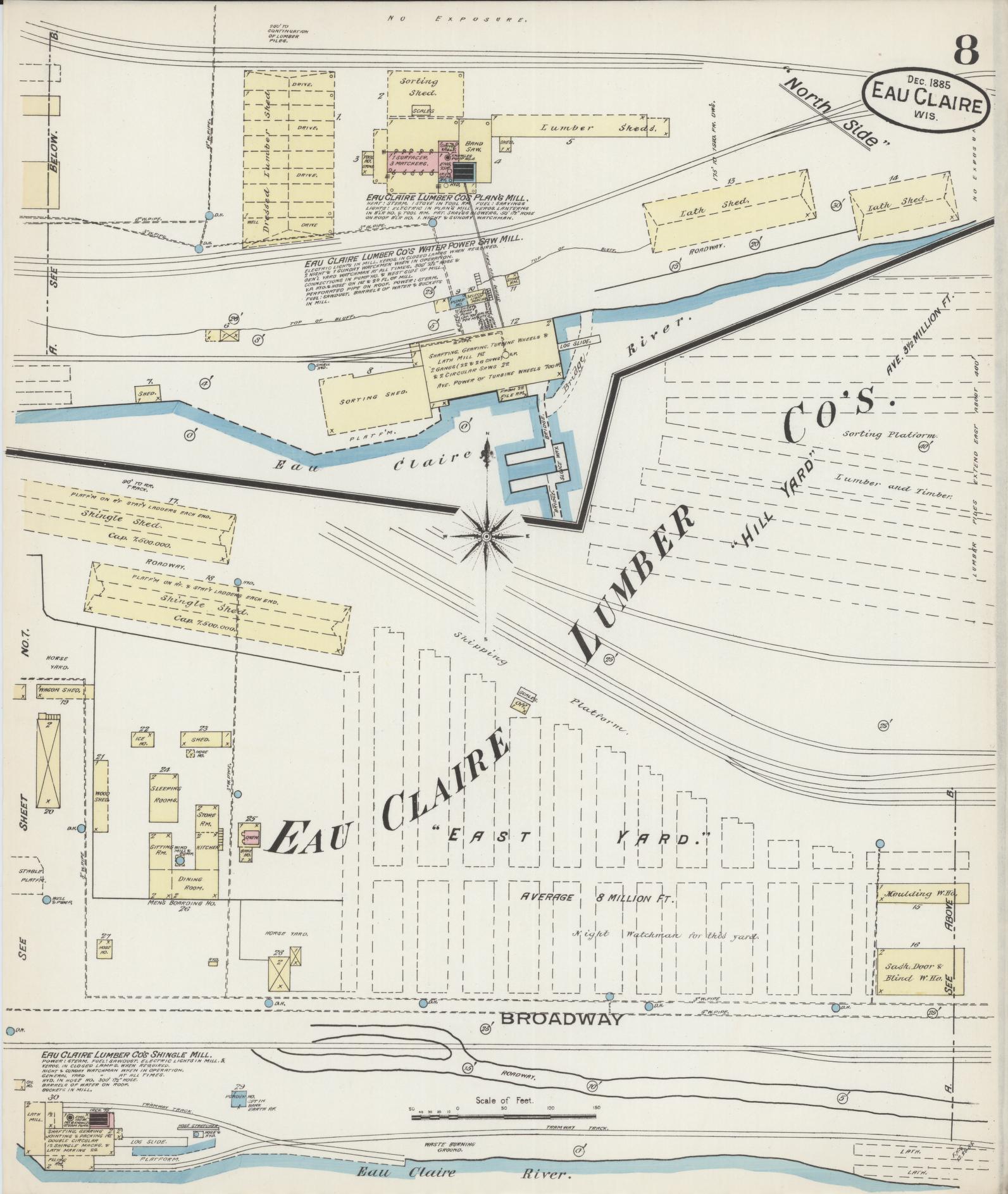 Sanborn Fire Insurance Map from Eau Claire, Eau Claire County, Wisconsin (1885), Sheet #0008 - Historic Sanborn Fire Insurance Map Print, vintage old map wall art, antique decor, genealogy gift, Wisconsin Wisconsin map