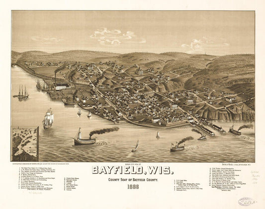 Bird's eye view of Bayfield, Wis., county seat of Bayfield County 1886. (1886) – Historic Bird’s-Eye View Panorama Print