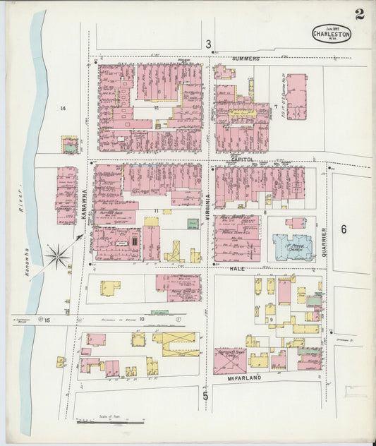 Sanborn Fire Insurance Map from Charleston, Kanawha County, West Virginia (1897), Sheet #0002 - Historic Sanborn Fire Insurance Map Print, vintage old map wall art, antique decor, genealogy gift, West Virginia West Virginia map