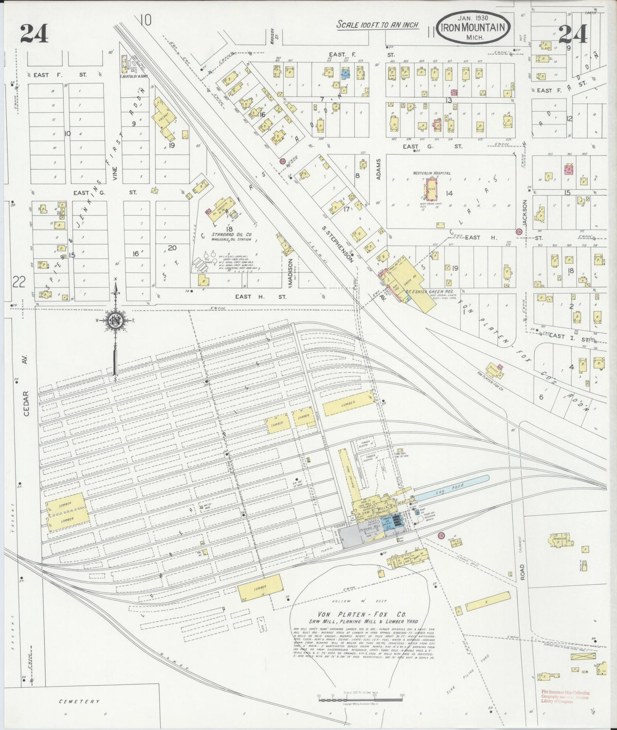 Sanborn Fire Insurance Map from Iron Mountain, Dickinson County, Michigan (1930), Sheet #0024 - Historic Sanborn Fire Insurance Map Print, vintage old map wall art, antique decor, genealogy gift, Michigan Michigan map