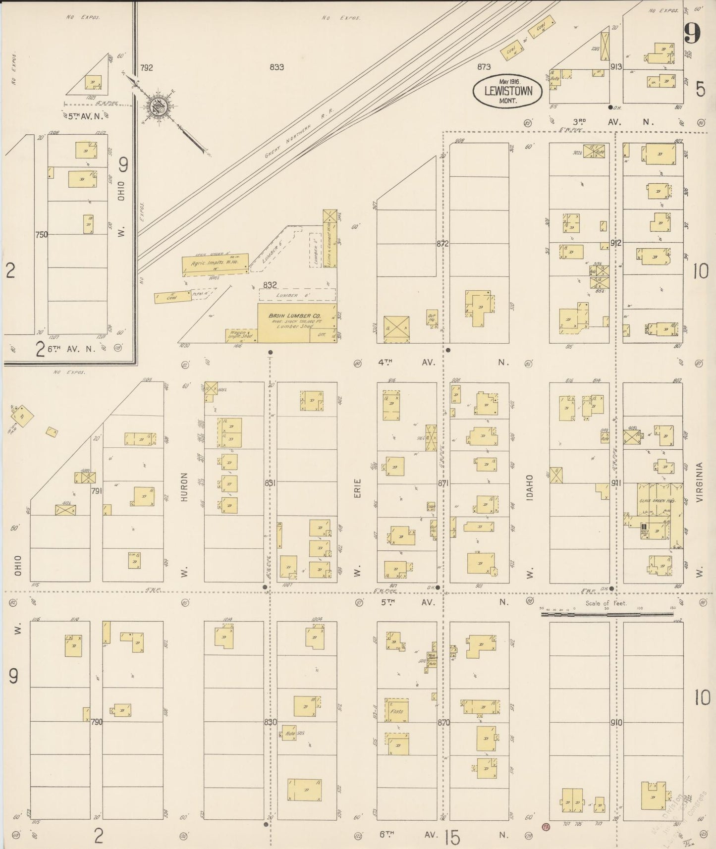 Sanborn Fire Insurance Map from Lewistown, Fergus County, Montana (1916), Sheet #0009 - Complete Map Set gallery image, historic Sanborn map, vintage wall art, Montana Montana