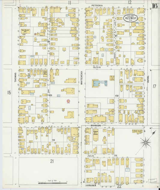 Sanborn Fire Insurance Map from Key West, Monroe County, Florida (1899), Sheet #0016 - Historic Sanborn Fire Insurance Map Print, vintage old map wall art, antique decor, genealogy gift, Florida Florida map