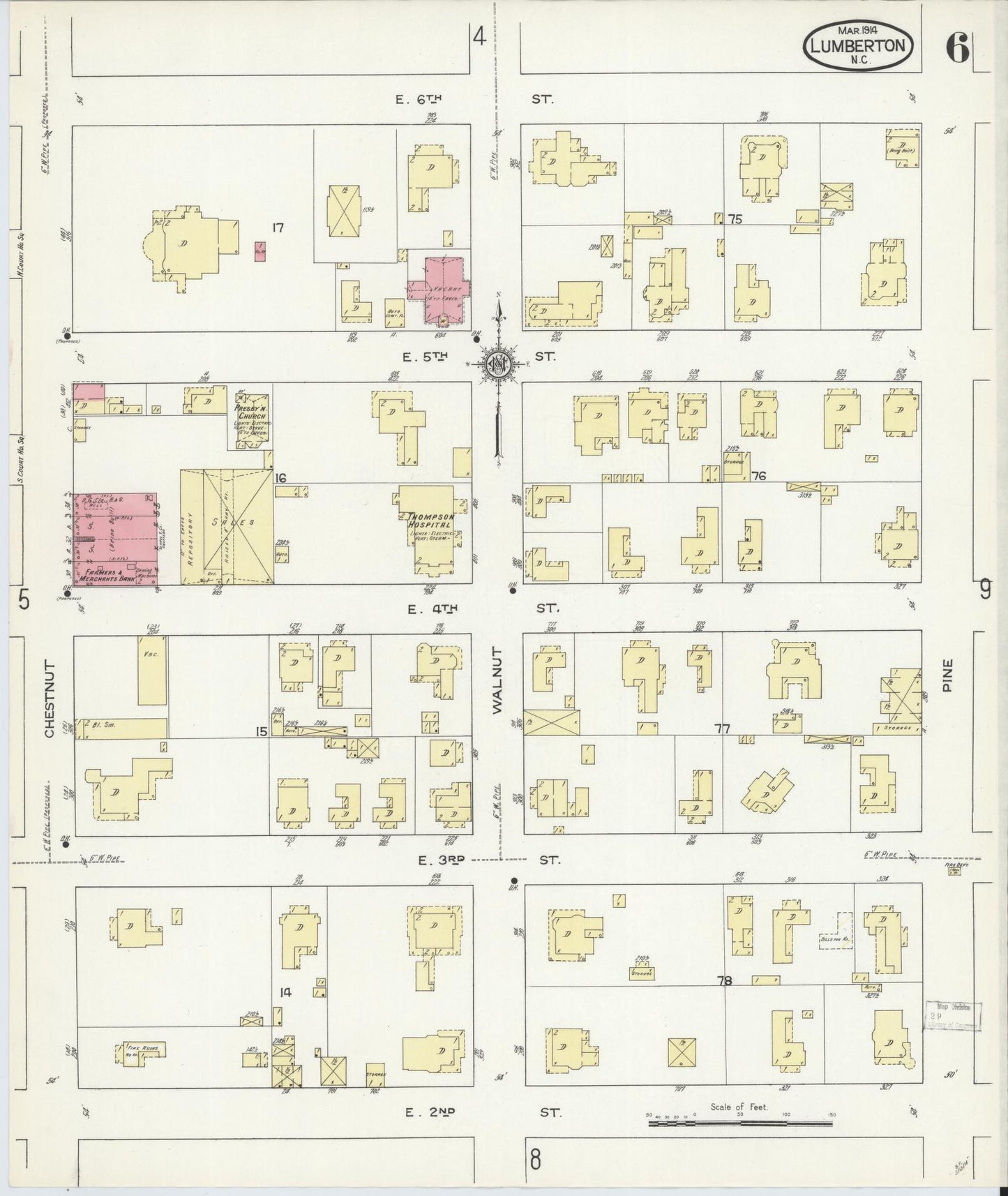 Sanborn Fire Insurance Map from Lumberton, Robeson County, North Carolina (1914), Sheet #0006 - Complete Map Set gallery image, historic Sanborn map, vintage wall art, North Carolina North Carolina
