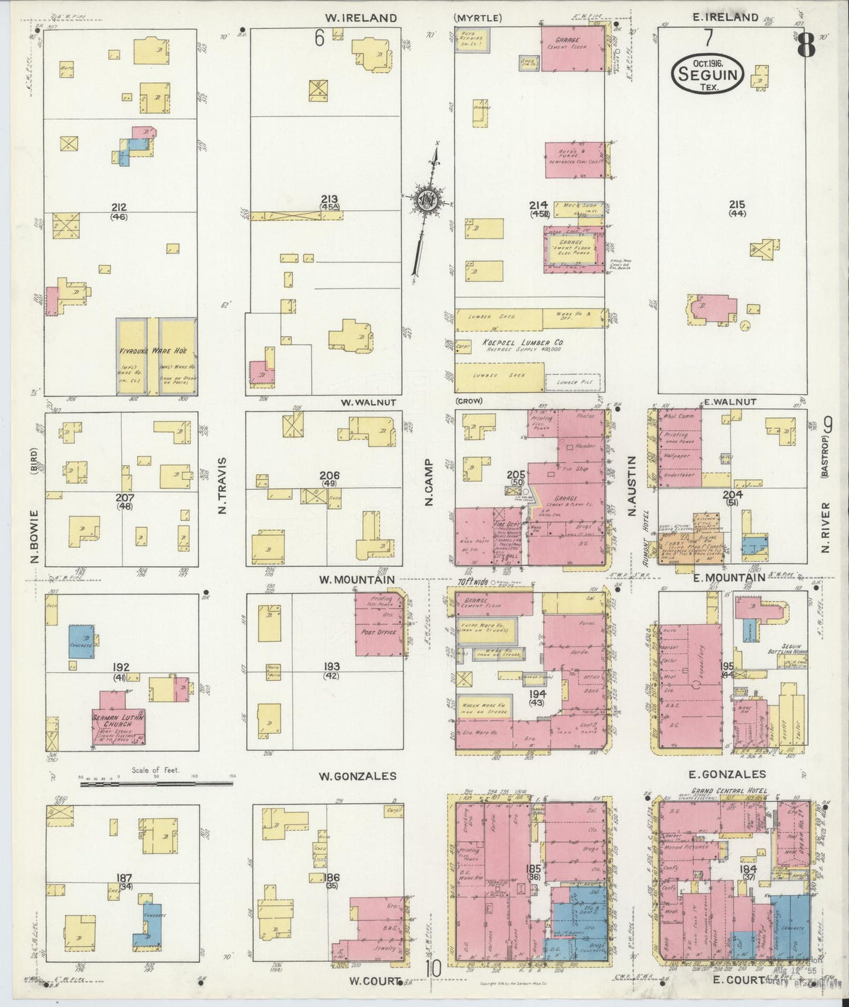 Sanborn Fire Insurance Map from Seguin, Guadalupe County, Texas (1916), Sheet #0008 - Complete Map Set gallery image, historic Sanborn map, vintage wall art, Texas Texas
