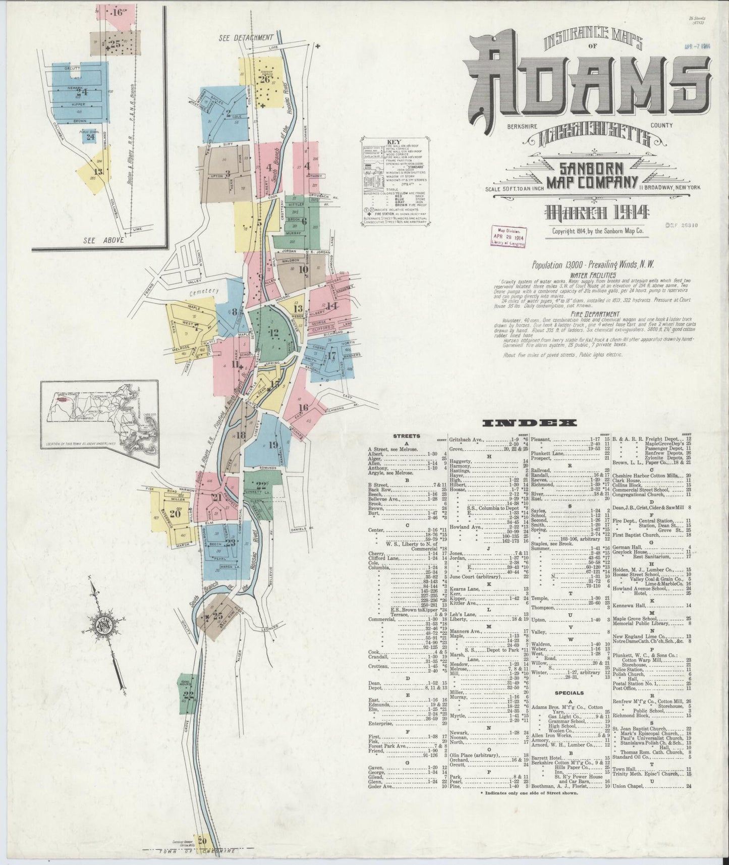 Sanborn Fire Insurance Map from Adams, Berkshire County, Massachusetts (1914), Sheet #0001 - Historic Sanborn Fire Insurance Map Print, vintage old map wall art, antique decor, genealogy gift, Massachusetts Massachusetts map