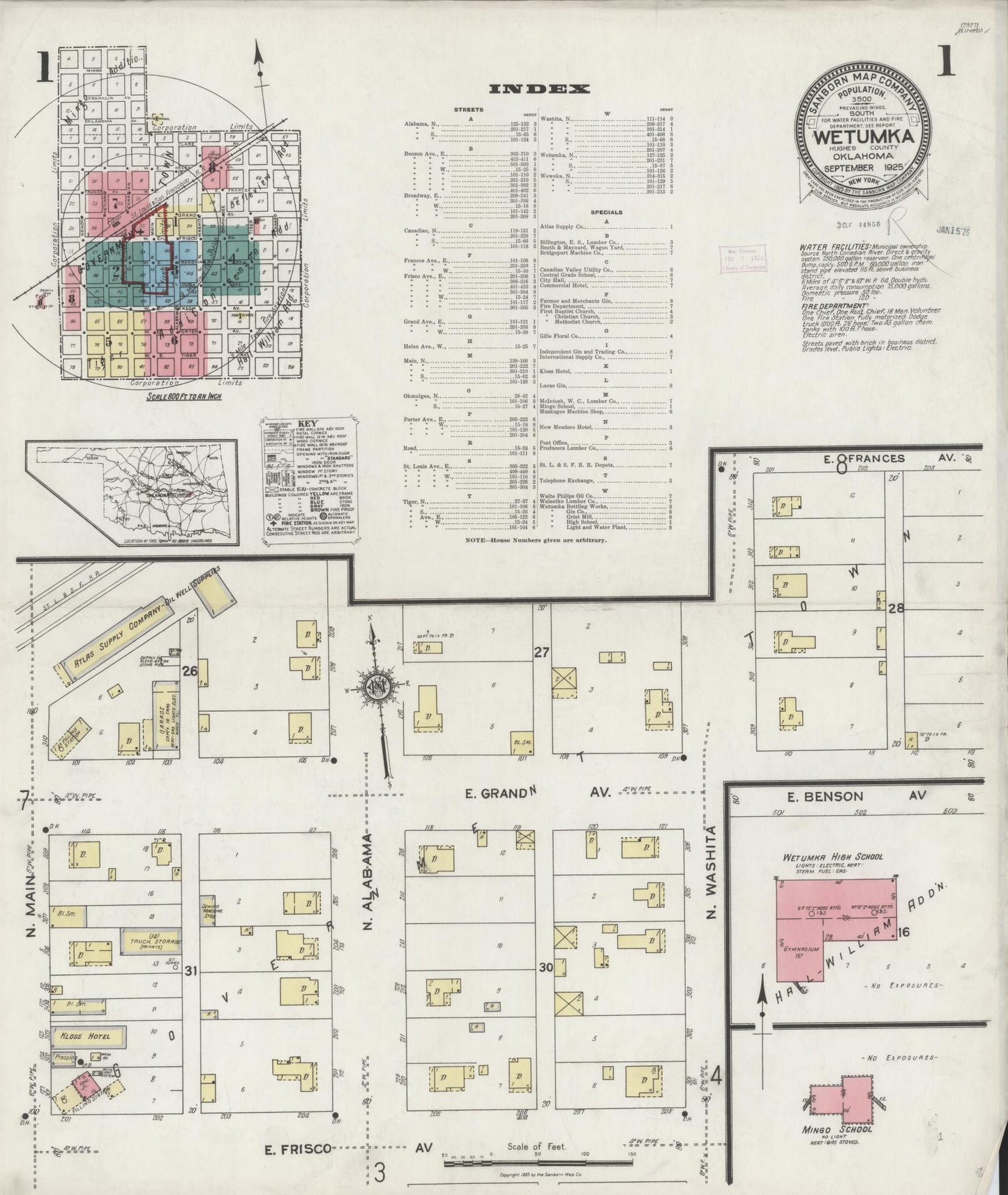 Sanborn Fire Insurance Map from Wetumka, Hughes County, Oklahoma (1925), Sheet #0001 - Complete Map Set gallery image, historic Sanborn map, vintage wall art, Oklahoma Oklahoma