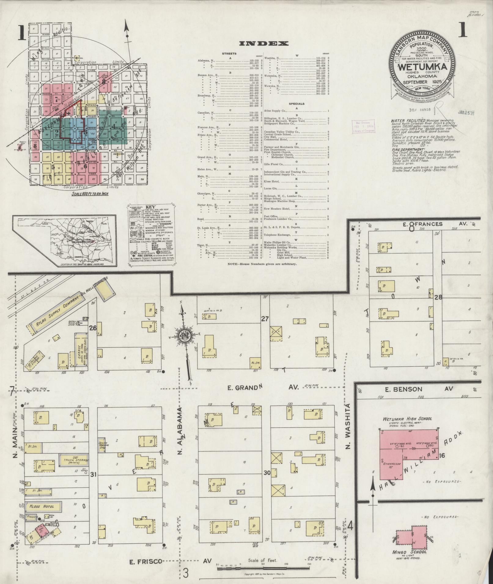 Sanborn Fire Insurance Map from Wetumka, Hughes County, Oklahoma (1925), Sheet #0001 - Complete Map Set gallery image, historic Sanborn map, vintage wall art, Oklahoma Oklahoma