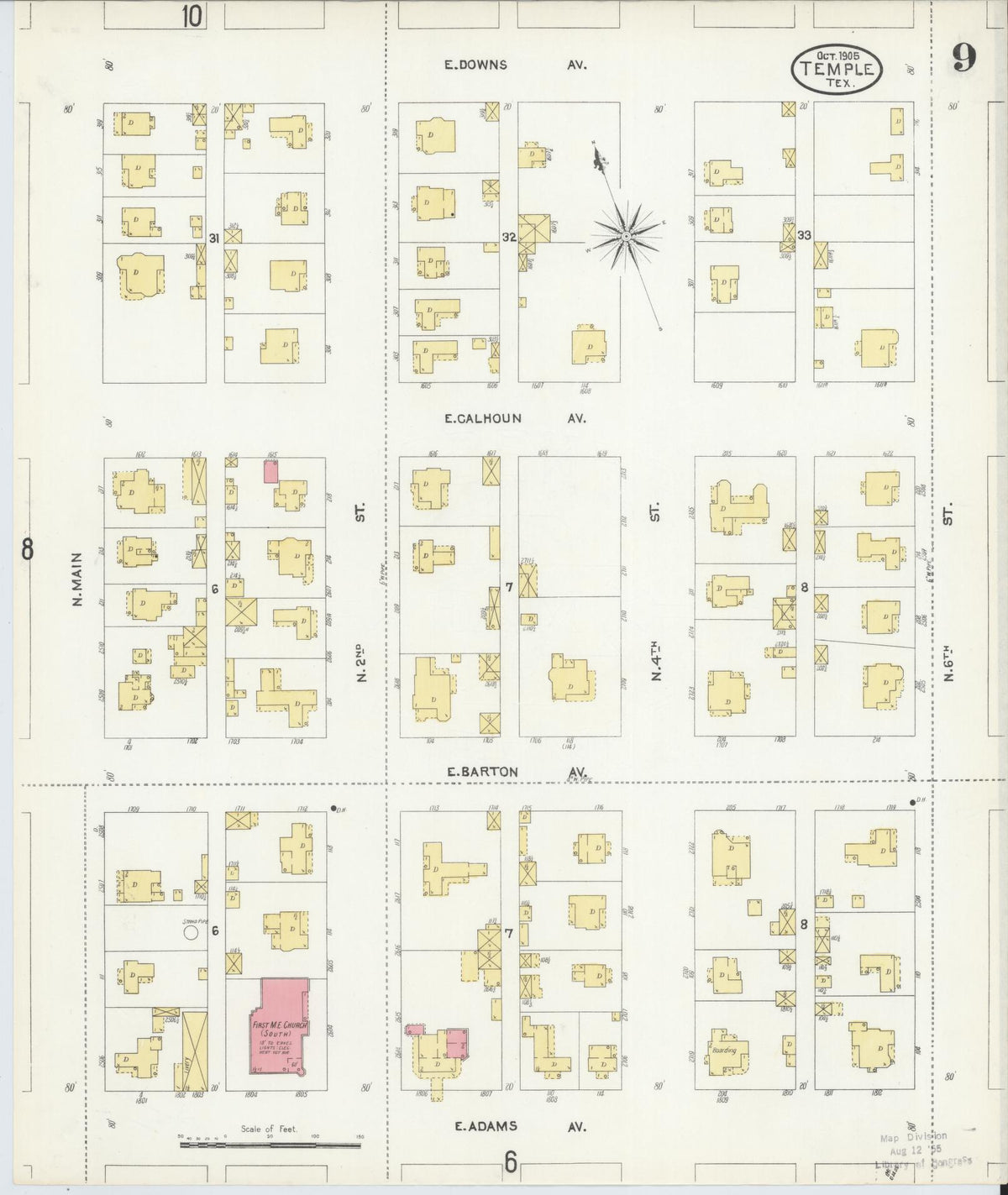 Sanborn Fire Insurance Map from Temple, Bell County, Texas (1905), Sheet #0009 - Historic Sanborn Fire Insurance Map Print, vintage old map wall art, antique decor, genealogy gift, Texas Texas map